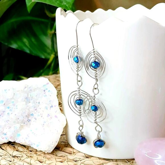 Boho Statement Cobalt Blue Dangle Earrings, Glass Beaded, Artisan 3.5" - Picture 4 of 8